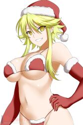 akame_ga_kill! bikini blonde_hair breasts christmas cleavage empty_eyes female_only femsub gloves hand_on_hip happy_trance hat icontrol_(manipper) kimmy77 large_breasts leone looking_at_viewer manip navel opera_gloves santa_hat short_hair smile solo white_background yellow_eyes