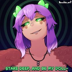 brushie_art femdom green_eyes necklace original pov pov_sub purple_hair smirk text