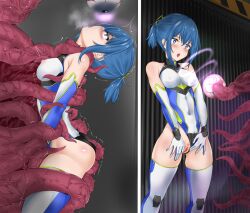  bangs bare_shoulders before_and_after blue_eyes blue_hair blush boots breasts breath comic crotch_rub dazed drool erect_nipples erect_nipples_under_clothes femsub gloves glowing grey_background hypnotic_tentacle koshianmakimaki leotard monster multicolored_hair open_mouth opera_gloves original pink_eyes ponytail pussy pussy_juice short_hair shrunken_irises simple_background standing sweat tentacle_sex tentacles thigh_boots thighhighs trembling undressing undressing_command 