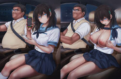  absurdres age_difference black_hair breasts brown_hair cell_phone cleavage cyclone_(reizei) erect_nipples femsub glasses huge_breasts long_hair maledom original phone short_hair skirt spiral tech_control ugly_bastard 