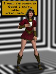  3d absurdres black_hair boots bracers clothed dc_comics female_only hood long_hair mary_marvel saltygauntlet solo spiral_background standing super_hero text 