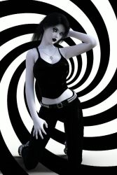 3d belt black_hair black_lipstick breasts death_(the_sandman) female_only jewelry kneeling large_breasts lipstick necklace simple_background solo spiral spiral_eyes symbol_in_eyes tank_top the_sandman theheckle white_skin