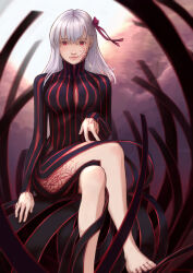  absurdres alternate_costume alternate_hair_color angra_mainyu bare_legs barefoot body_markings breasts corruption crossed_legs dark_sakura empty_eyes eye_color_change facial_markings fate/stay_night fate/stay_night_heaven&#039;s_feel fate_(series) feet femsub hair_color_change hair_ribbon large_breasts legs long_hair looking_at_viewer madouzakura possession red_eyes sakura_matou sitting smile white_hair 