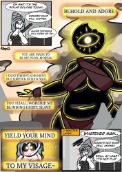  absurdres bandage black_sclera blue_hair blush bracers brain_dead_retail_(series) breasts chubby cleavage comic crossed_eyes dialogue eclipse_(kilroylucy18) english_text expressionless eye_color_change female_only femdom femsub giantess glowing glowing_eyes goddess happy_trance hat heart humor kilroylucy18 large_breasts loincloth midriff milf navel nessi_(kilroylucy18) original outdoors purification shirt signature speech_bubble text underboob yellow_eyes 