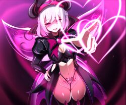  beam boots bow bow_tie braid cameltoe cleavage clothed_exposure coat crotch_tattoo empty_eyes evil_smile femdom hand_on_hip hat heart horns hyper_hetappi jewelry navel original pink_eyes short_hair simple_background smile tattoo thigh_boots thighhighs white_hair wings 