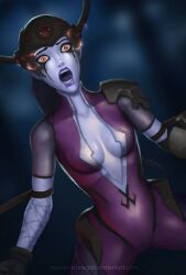blue_skin female_only femsub master-strategist open_mouth overwatch runny_makeup sideboob solo tagme tears tech_control unhappy_trance widowmaker