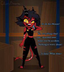 bare_shoulders black_hair blue_eyes brain_injection chieri_(chieribounce) chieribounce clothed demon_girl dialogue english_text eye_color_change female_only femdom femsub helluva_boss horns hypnotic_slime long_hair millie_(helluva_boss) original possession red_skin slime standing text torn_clothes yellow_sclera