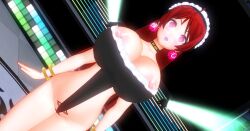 3d crotch_tattoo earrings expressionless huge_breasts kamen_writer_mc maid_headdress mc_trap_town pink_eyes red_hair rina_(mc_trap_town) screenshot standing_at_attention tagme
