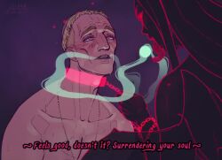  animated blonde_hair blush chains collar collarbone dialogue femdom glowing_eyes heavy_eyelids leaning_forward long_hair long_tongue magic malesub open_mouth pink_eyes red_eyes short_hair simple_background smile soul_stealing sweat text tongue tongue_out topless video zelamir 