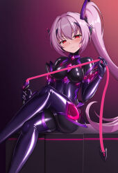  blush bodysuit budesonide corruption corset empty_eyes erect_nipples female_only gloves latex looking_at_viewer opera_gloves original pink_hair red_eyes side_ponytail sitting smile solo thighhighs thighs whip 