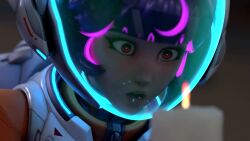 3d animated blender blue_hair candle dazed femsub helmet juno_(overwatch) open_mouth overwatch pink_hair red_eyes video vynil