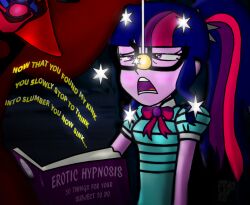  book bow_tie coin crossed_eyes dialogue equestria_girls femsub ghost_clown hypnolad long_hair maledom mind_break multicolored_hair my_little_pony open_mouth pendulum purple_eyes purple_hair scooby-doo_(series) straight-cut_bangs text twilight_sparkle western 