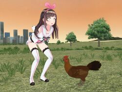 3d absurdres breasts brown_hair chicken chicken_pose empty_eyes expressionless female_only femsub kizuna_ai long_hair open_mouth pet_play poser retrobunyip shrunken_irises solo thighhighs virtual_youtuber