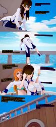  absurdres bikini_top brown_hair closed_eyes clothed cyanstargazer dialogue english_text female_only femdom femsub hair_covering_one_eye long_hair multiple_girls nami_(one_piece) one_piece orange_eyes purple_eyes text white_eyes whitewash_eyes 