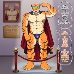  abs cape claws dazed flexing furry himbo hypno_neet looking_at_viewer male_only malesub muscle_boy non-human_feet open_mouth original solo standing standing_at_attention super_hero tech_control text thong tiger_boy topless visor 