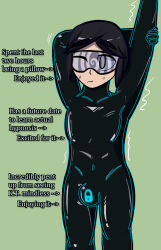  arms_above_head arms_behind_back aware black_hair bodysuit bulge collarbone consensual drone eyebrows_visible_through_hair glowing green_background grey_eyes happy_trance iris_azure latex malesub non-binary non-binary_sub null_bulge one_eye_open original short_hair simple_background small_breasts smile solo spiral tech_control text tight_clothing trance_delightful visor wholesome 