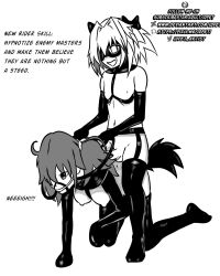 all_fours androgynous astolfo_(fate/grand_order) bondage breasts clothed_exposure fake_tail fangs fate/grand_order fate_(series) femsub greyscale horse_girl idpet latex leather maledom monochrome pet_play ritsuka_fujimaru short_hair text trap