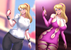 before_and_after bimbofication blonde_hair blue_eyes blush bracers breast_expansion breasts cell_phone cleavage dildo dress female_only femsub gloves hadant huge_breasts large_breasts metroid_(series) nintendo panties ponytail samus_aran sequence sex_toy smile solo t-shirt tech_control underwear