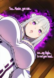 ai_art aura elf elf_ears emilia_(re:zero) english_text expressionless femsub glowing_eyes hair_clips hair_ornament hair_ribbon hellsing002_(generator) looking_at_viewer pov pov_dom re:zero_starting_life_in_another_world silver_hair spiral_eyes