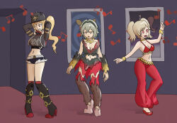 alternate_costume blonde_hair burnice_white_(zenless_zone_zero) caesar_(zenless_zone_zero) dancing dazed female_only femsub happy_trance harem_outfit hypnotic_music lucy_(zenless_zone_zero) mythkaz resisting tagme white_hair zenless_zone_zero