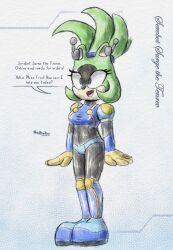  ameerashourdraws empty_eyes female_only fembot femsub furry green_hair happy_trance latex megaman_(series) megaman_legends_(series) sonic_the_hedgehog_(series) standing standing_at_attention surge_the_tenrec text uniform 