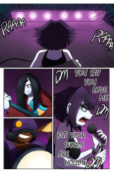 black_hair comic dialogue drum gacha_gotcha goth guitar hair_covering_one_eye kobi94 lilith_(gacha_gotcha) long_hair mascara microphone pale_skin rift_(gacha_gotcha) short_hair singing text