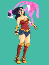  absurdres black_hair boots brain_injection cleavage collarbone comic dc_comics dialogue female_only femsub gauntlets glowing glowing_eyes insouciants open_mouth pink_eyes simple_background speech_bubble standing super_hero text wonder_woman 