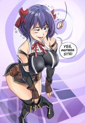  bare_shoulders blue_eyes blush boots breasts bubble clothed dialogue drool english_text eyebrows_visible_through_hair female_only femdom femsub fingerless_gloves glatu gloves happy_trance heavy_eyelids knee-high_boots knees_together large_breasts leaning_forward let_this_grieving_soul_retire open_mouth pendulum pocket_watch purple_hair ribbon short_hair simple_background smile solo speech_bubble standing text thighs tino_shade 