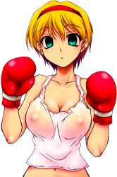  blonde_hair boxing_gloves breasts empty_eyes female_only femsub green_eyes large_breasts manip see-through short_hair solo 