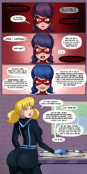  ass black_hair blonde_hair bodysuit comic dialogue evil_smile female_only femsub glowing_eyes happy_trance inspector_gadget_(series) large_ass magic marinette_dupain-cheng miraculous_ladybug open_mouth penny_gadget polmanning possession red_eyes smile text tongue western 