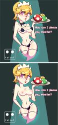  absurdres bikini breasts crown dialogue falzet female_only femsub jewelry maid nintendo pink_eyes princess princess_peach ring_eyes solo super_mario_bros. text topless tray 