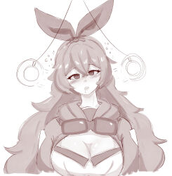 a_singular_fish amber_(genshin_impact) blush cleavage cleavage_cutout clothed coin drool empty_eyes eyebrows_visible_through_hair female_only femsub genshin_impact hair_ribbon hoodie large_breasts long_hair looking_at_viewer open_mouth pendulum ribbon simple_background solo sunglasses white_background