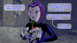 angry aware breasts bunny_ears carrot clothed dc_comics dialogue dogdog drool english_text female_only glasses goth grey_skin heart nipples purple_eyes purple_hair raven solo text torn_clothes