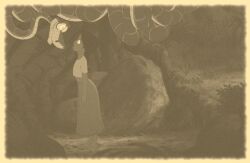  barefoot black_hair clothed color_filter dark_skin disney earrings femsub jewelry kaa kaa_eyes long_hair maledom manip night open_mouth outdoors shanti snake the_jungle_book 