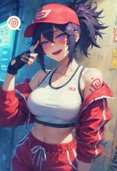 ai_art bare_shoulders black_hair blue_eyes cap female_only fingerless_gloves gloves hat jacket jinio_(generator) messy_hair midriff open_mouth original pants ponytail purple_eyes purple_hair short_hair smile smirk smug speech_bubble spiral sports_bra sweat tattoo