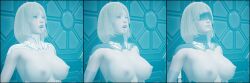 3d absurdres blindfold blonde_hair bottomless breasts ceaun5x5 femsub forced_employee glowing glowing_eyes open_mouth original smile tech_control text topless