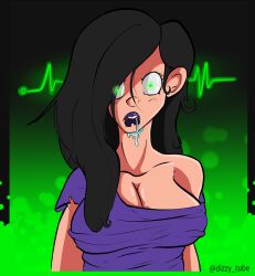  black_hair black_lipstick breasts buck_teeth cleavage collarbone dizzytube drool empty_eyes expressionless female_only femsub glowing glowing_eyes gradient_background green_eyes hair_covering_one_eye large_breasts long_hair looking_at_viewer shirt shrunken_irises signature simple_background solo torn_clothes 