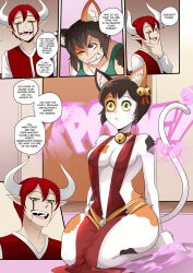  bare_shoulders barefoot bell bell_collar brown_eyes brown_hair cat_ears cat_girl cat_tail cleavage clothed comic curvy d-zen_(vanillahypnotist) demon demon_boy dialogue elf_ears empty_eyes fangs furry harem_outfit horns incubus jewelry kneeling nabiki_tendo necklace non-human_feet omi48 one_eye_open open_mouth original ranma_1/2 red_hair shirt short_hair sideboob smile smoke speech_bubble standing tail tank_top text thick_thighs 