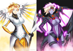 before_and_after blonde_hair breasts cleavage corruption empty_eyes haryudanto large_breasts mercy overwatch purple_skin short_hair