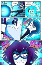 bodysuit bree_(gacha_gotcha) comic corruption dialogue eye_mask gacha_gotcha gothification guitar kobi94 lilith_(gacha_gotcha) sharp_teeth short_hair speech_bubble text