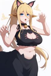  ai_art bell_collar blonde_hair blue_eyes cat_ears cat_pose centaur centorea_shianus cleavage collar costume drool empty_eyes expressionless fake_animal_ears female_only femsub huge_breasts lingerie long_hair looking_at_viewer maledom manip midriff minimimic_(generator) minimimic_(manipper) monster_girl monster_musume navel open_mouth pet_play ponytail simple_background stable_diffusion_(ai) tail text white_background 
