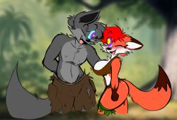 ass blush breasts bulge davidthewolfx10 davilling_(davidthewolfx10) femsub fox_girl furry grey_skin janneth_(davidthewolfx10) jungle loincloth maledom one_eye_open orange_skin pants red_hair resisting ring_eyes seductive_smile smile thighhighs wolf_boy