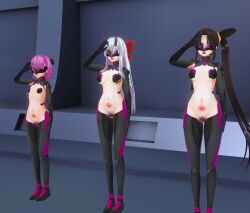  3d alternate_costume black_hair bottomless bow breasts censored clothed_exposure corruption crotch_tattoo custom_maid_3d_2 drone eye_mask fate/grand_order fate_(series) femsub gloves grey_hair hair_ornament helena_blavatsky_(fate) high_heels horns juice long_hair multiple_girls multiple_subs navel open_mouth pasties purple_hair pussy saluting short_hair side_ponytail small_breasts tattoo tech_control thigh_boots thighhighs tomoe_gozen_(fate/grand_order) ushiwakamaru_(fate/grand_order) visor 