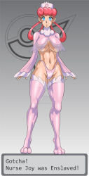  blue_eyes clothed_exposure cosplay curly_hair empty_eyes expressionless female_only femsub frillish grey_background hat navel nintendo nurse nurse_joy pokemon pokemon_(anime) red_hair see-through sigfried028 simple_background solo standing text thighhighs thong tiptoes underboob 