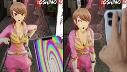 angry brown_eyes brown_hair clothed femsub gloves hypnotic_screen instant_loss maledom open_mouth oshino3d persona_(series) persona_3 phone short_hair yukari_takeba