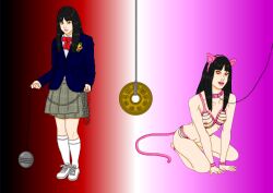  absurdres anklet bangs bare_legs before_and_after black_hair bow bracelet breasts cat_ears cat_tail chains clothed_exposure coin collar collarbone copyright_request fake_animal_ears fake_tail gogo_yubari gradient_background kneehighs kneeling leash light_skin lingerie long_hair looking_at_viewer mspainter navel nipples open_mouth pet_play red_eyes school_uniform simple_background skirt smile sneakers spiral_eyes spiralwash_eyes standing weapon 