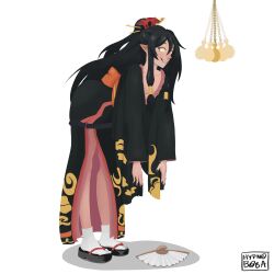  arifureta_shokugyou_de_sekai_saikyou black_hair black_nail_polish breasts clothed dragon_girl dress femsub hair_ornament hairpin happy_trance huge_breasts hypno_boba kimono leaning_forward long_hair nail_polish pendulum ponytail sandals signature simple_background spiral spiralwash_eyes tagme tio_klarus white_background 