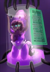  breasts brown_hair curly_hair female_only femsub furry glowing glowing_eyes goo_girl green_eyes large_breasts latch monster_girl my_little_pony original resisting solo stasis_tank tail text transformation unhappy_trance xecilslab 