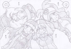  bandana banshou beanie blush breasts clothed coin dawn empty_eyes female_only femsub greyscale happy_trance hat hilda long_hair may monochrome multiple_girls multiple_subs nintendo pendulum pokemon pokemon_black_and_white pokemon_diamond_pearl_and_platinum pokemon_ruby_sapphire_and_emerald pokemon_x_and_y ponytail scarf serena simple_background smile sunglasses traditional white_background 