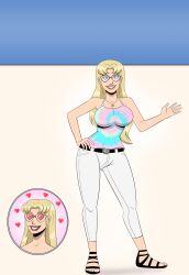 aurora_(jabberwocky) blonde_hair blue_eyes breasts collarbone comic femsub glasses happy_trance heart heart_eyes jeans large_breasts necklace original polmanning reference_sheet smile symbol_in_eyes tank_top